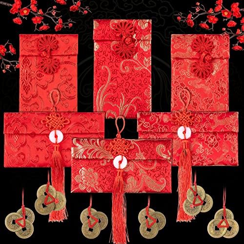 Dianelhall 6 kusov hodvábne červené obálky a 6 kusov Čínske Fortune mince feng Shui mince, výšivka Čínska šťastná