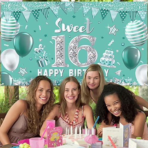 Teal Silver narodeniny pozadia pre ženy dievčatá Silver Green Happy Sweet 16. narodeniny lesklé diamantové balóny