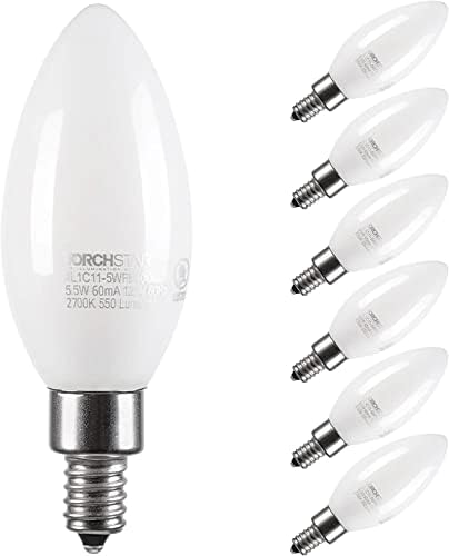 TORCHSTAR Stmievateľná LED Svietniková Žiarovka E12, ul, 60W ekvivalentné lustrové žiarovky, 550lm, led žiarovka C11, stropné žiarovky z matného skla, 2700K mäkká biela, balenie 6 ks