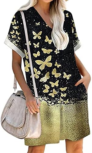 Letné šaty s výstrihom do V pre ženy s potlačou Krátke rukávy Podväzky vrecká pulóver šaty