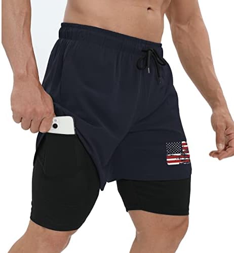 H HYFOL bežecké šortky pre mužov American Flag Patriotic Workout Gym Quick Dry atletické šortky 2 v 1 s vreckom